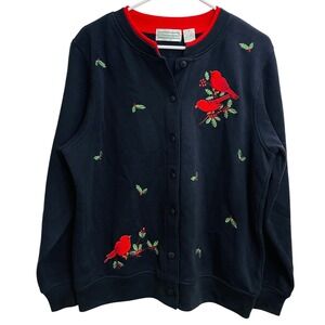 Vintage 90s Black Cardinal Holly Christmas‎ Grandma Cardigan Sweater Women's M